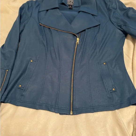 NWT Clara Sunwoo liquid leather single zip jacket size S blue-green color - Picture 4 of 8